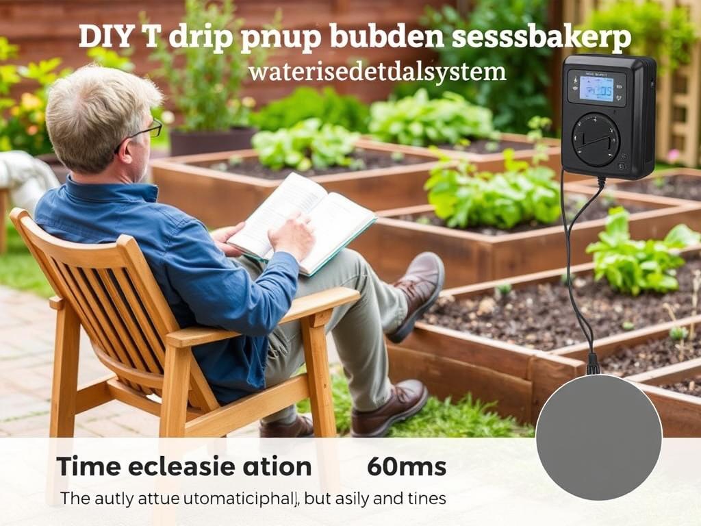 Person relaxing in garden while drip irrigation system waters plants automatically Person relaxing in garden while drip irrigation system waters plants automatically