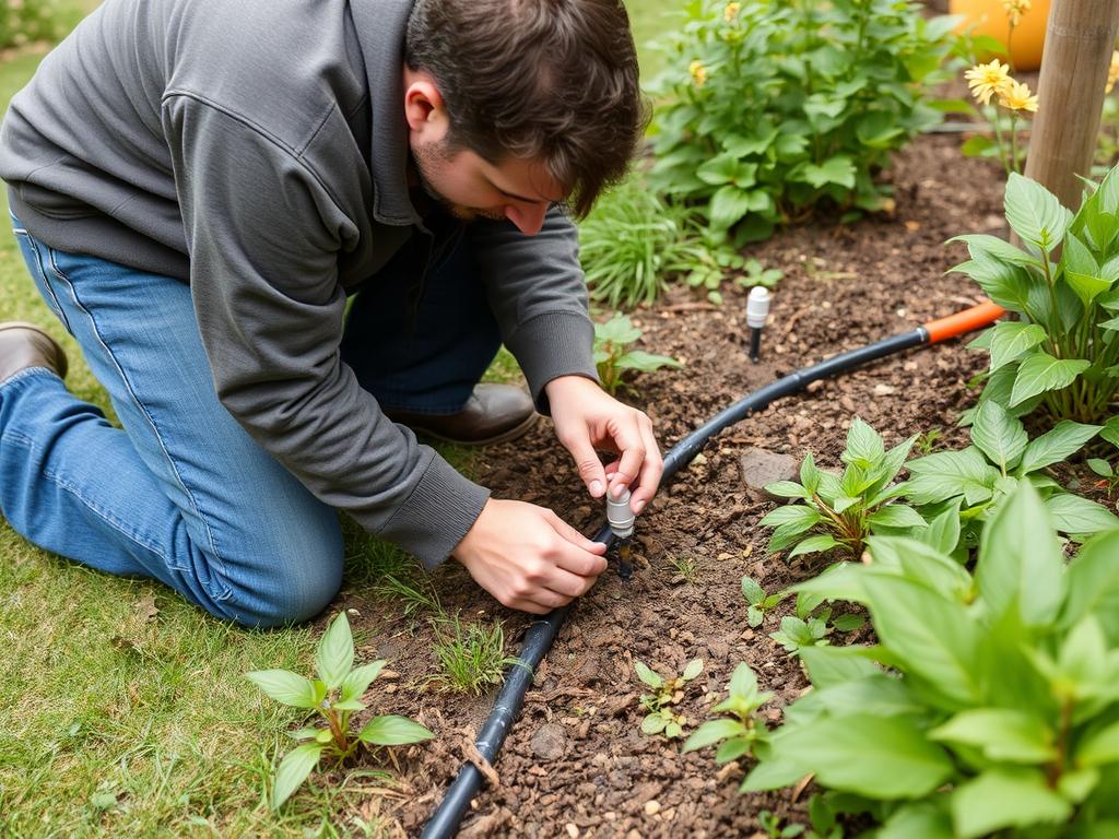 Person testing a newly installed drip irrigation system Person testing a newly installed drip irrigation system