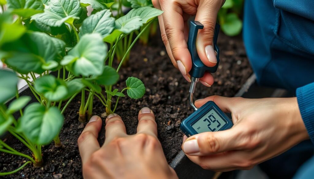 Person testing soil moisture in a vertical garden with a moisture meter Person testing soil moisture in a vertical garden with a moisture meter