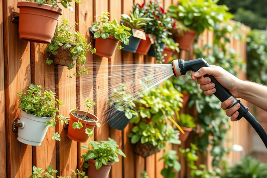 Person watering a living garden wall with a spray nozzle Person watering a living garden wall with a spray nozzle