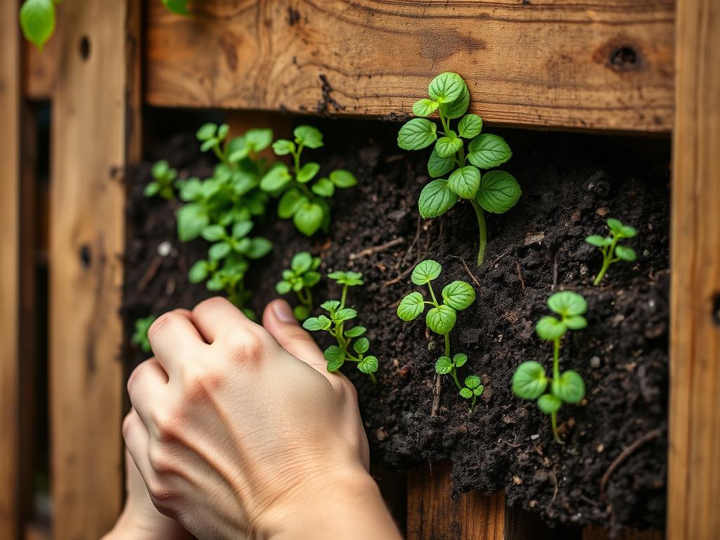 Planting seedlings in a vertical pallet garden Planting seedlings in a vertical pallet garden