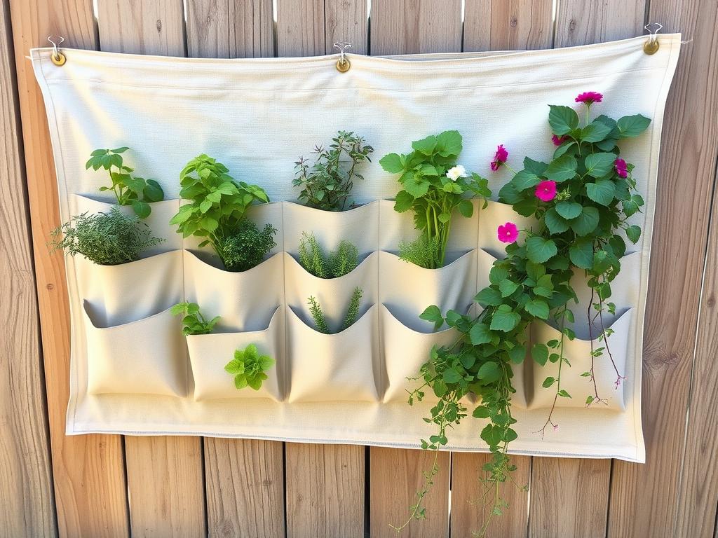 Pocket panel vertical garden made from repurposed materials growing herbs and flowers Pocket panel vertical garden made from repurposed materials growing herbs and flowers