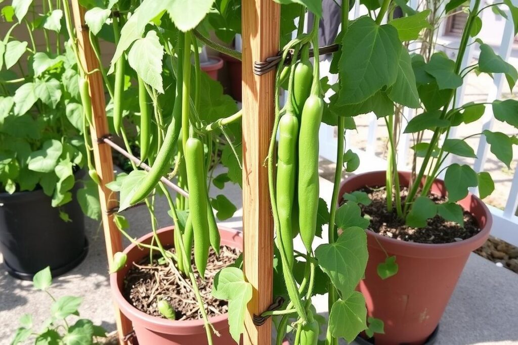 Pole beans growing on a vertical trellis in containers Pole beans growing on a vertical trellis in containers