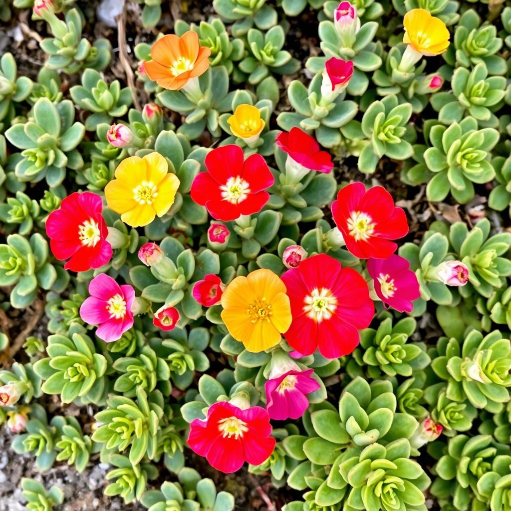 Portulaca with succulent foliage and bright, rose-like flowers Portulaca with succulent foliage and bright, rose-like flowers