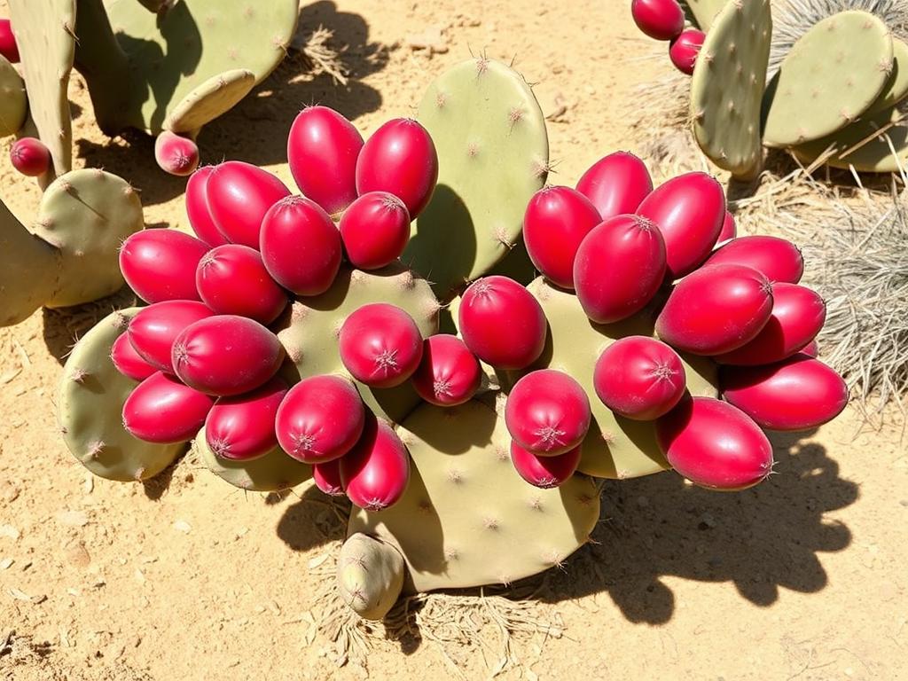 Prickly pear cactus with bright fruits growing in arid soil, demonstrating how native drought-tolerant plants can provide food in sustainability-focused gardens Prickly pear cactus with bright fruits growing in arid soil, demonstrating how native drought-tolerant plants can provide food in sustainability-focused gardens
