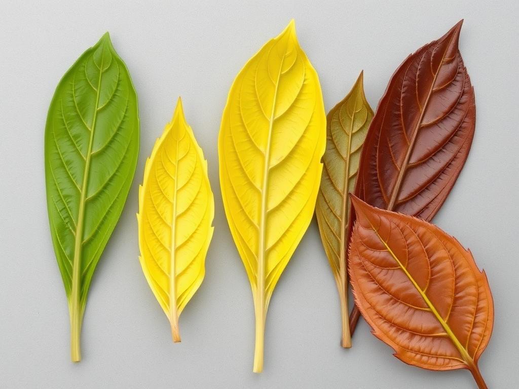 Progressive stages of leaf discoloration in drought-resistant plants suffering from water stress Progressive stages of leaf discoloration in drought-resistant plants suffering from water stress