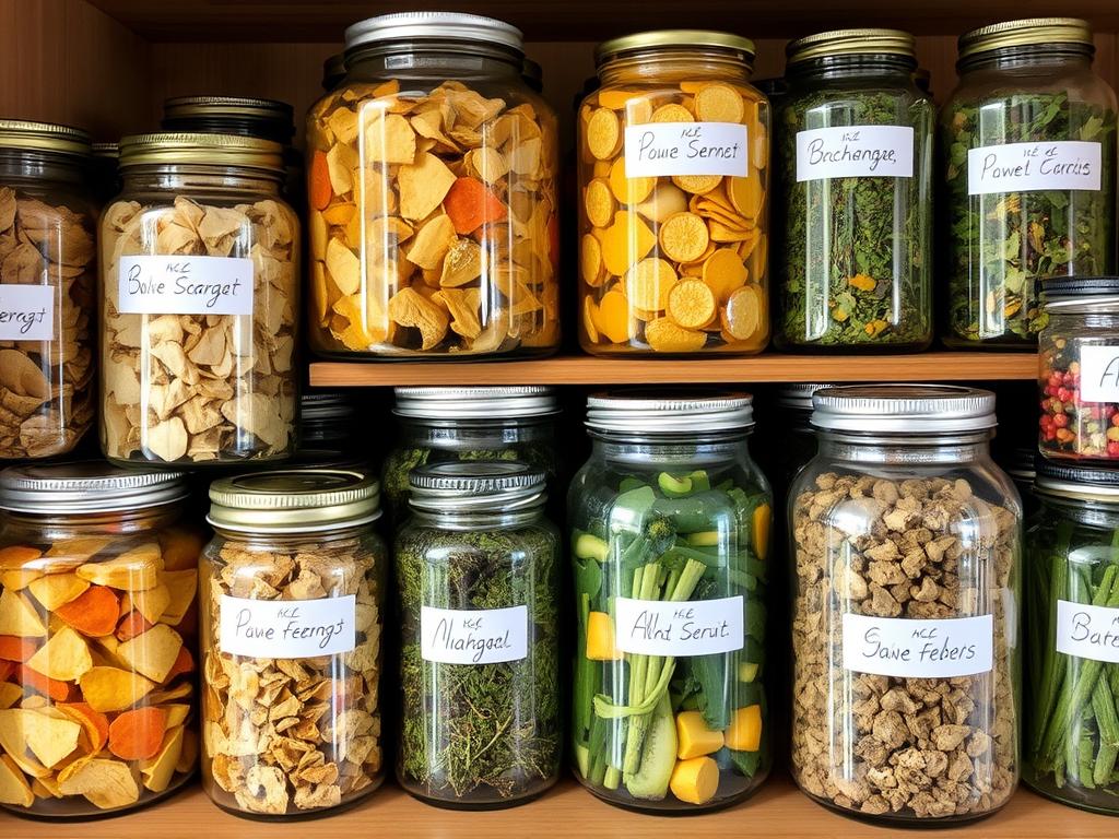 Properly stored dehydrated foods in glass jars with labels Properly stored dehydrated foods in glass jars with labels