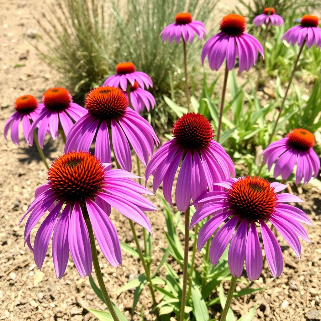 Purple echinacea flowers blooming in a dry garden setting Purple echinacea flowers blooming in a dry garden setting