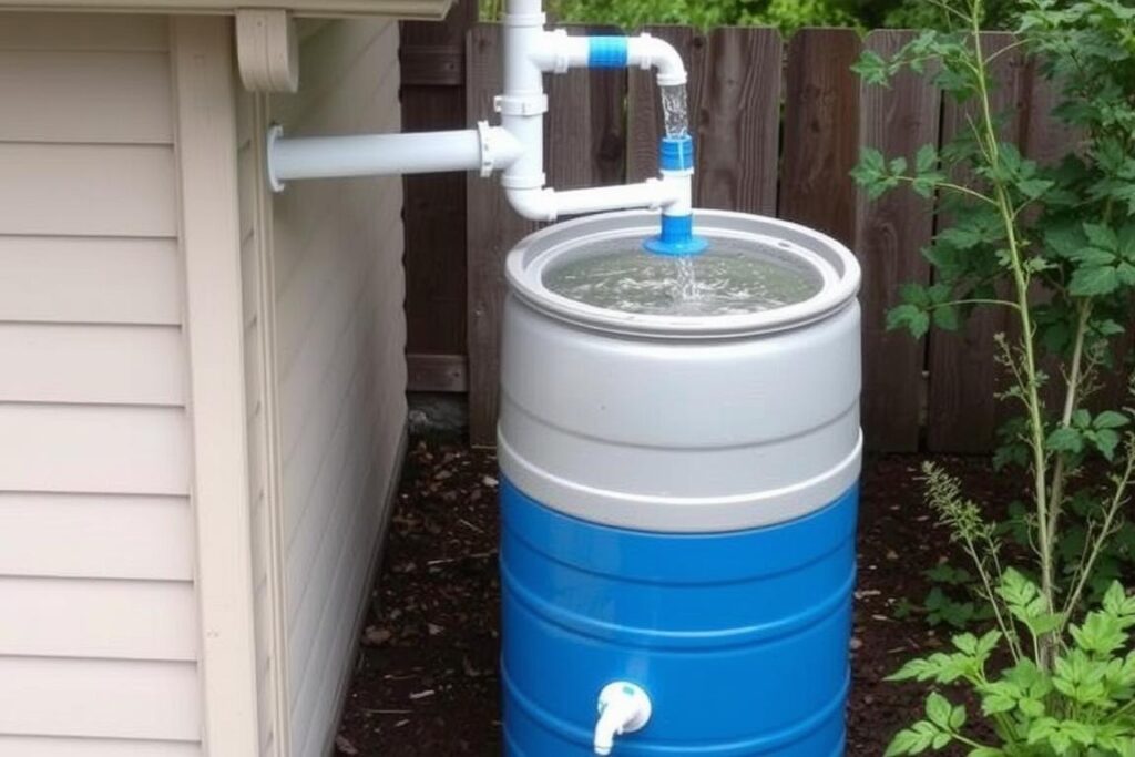 Rain barrel system collecting water from a downspout for garden use Rain barrel system collecting water from a downspout for garden use