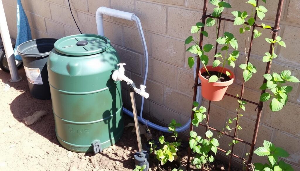 Rainwater harvesting system connected to a vertical garden irrigation setup Rainwater harvesting system connected to a vertical garden irrigation setup