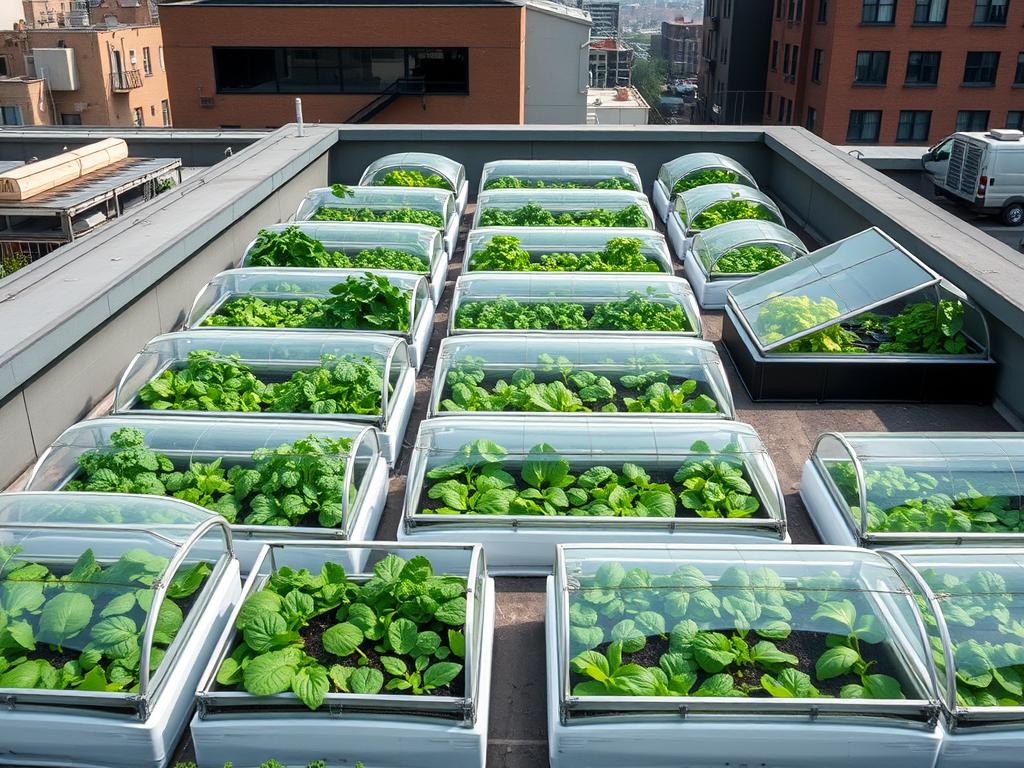 Rooftop garden with multiple cold frames arranged efficiently in a grid pattern Rooftop garden with multiple cold frames arranged efficiently in a grid pattern