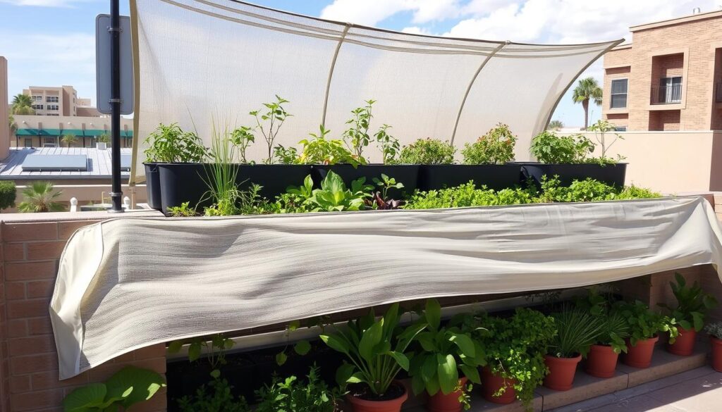Rooftop vertical garden in Phoenix with shade cloth and drip irrigation Rooftop vertical garden in Phoenix with shade cloth and drip irrigation