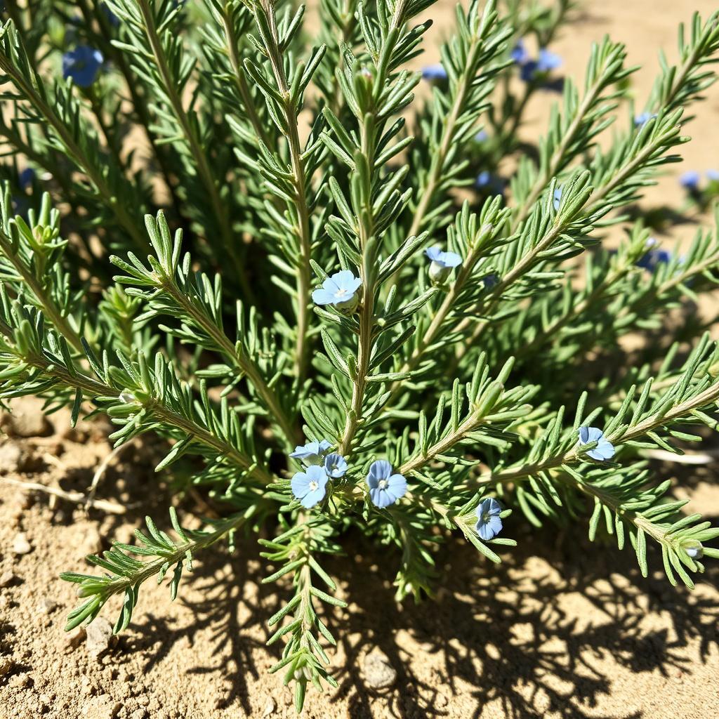 Rosemary plant with needle-like leaves and small blue flowers in dry soil Rosemary plant with needle-like leaves and small blue flowers in dry soil