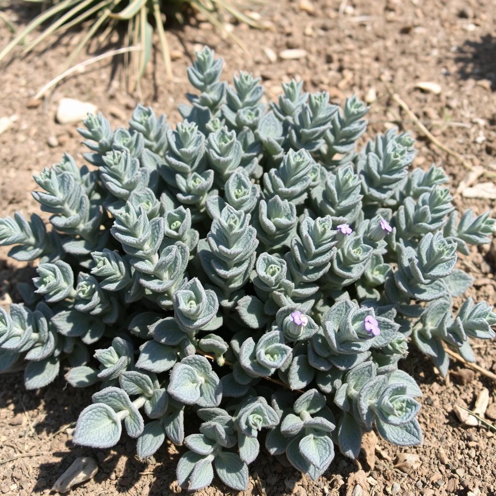 Sage plant with gray-green leaves growing in a dry garden bed Sage plant with gray-green leaves growing in a dry garden bed