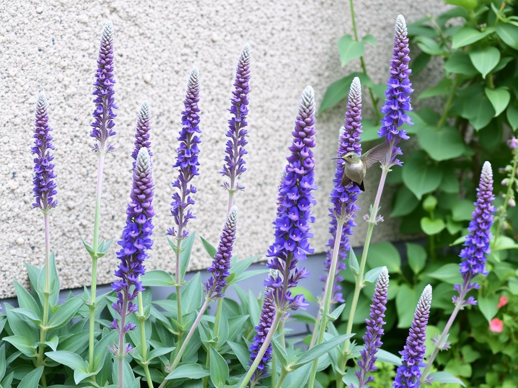 Salvia with purple-blue flower spikes in a vertical garden installation Salvia with purple-blue flower spikes in a vertical garden installation
