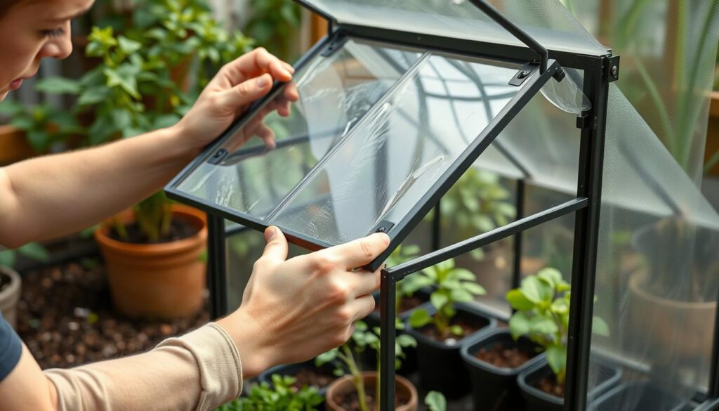 Seasonal maintenance of a mini greenhouse cold frame showing cleaning and repair activities Seasonal maintenance of a mini greenhouse cold frame showing cleaning and repair activities