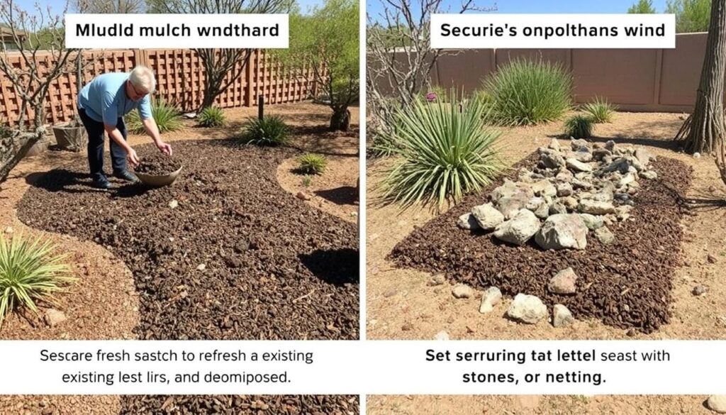 Seasonal mulch maintenance showing refreshing mulch layers in an arid garden Seasonal mulch maintenance showing refreshing mulch layers in an arid garden