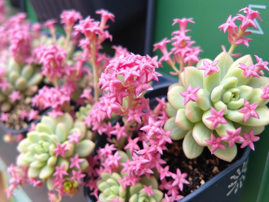 Sedum plants with pink star-shaped flowers in a vertical garden setting Sedum plants with pink star-shaped flowers in a vertical garden setting
