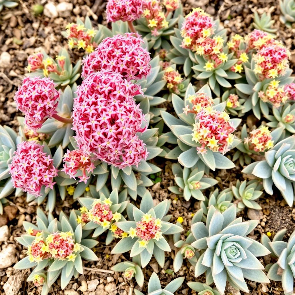 Sedum plants with succulent foliage and flower clusters Sedum plants with succulent foliage and flower clusters