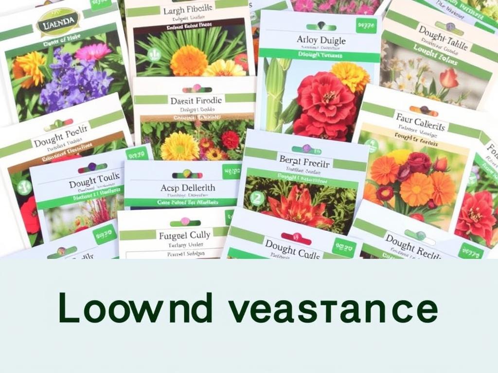 Seed packets for low-water gardening showing drought-tolerant varieties with clear labeling Seed packets for low-water gardening showing drought-tolerant varieties with clear labeling