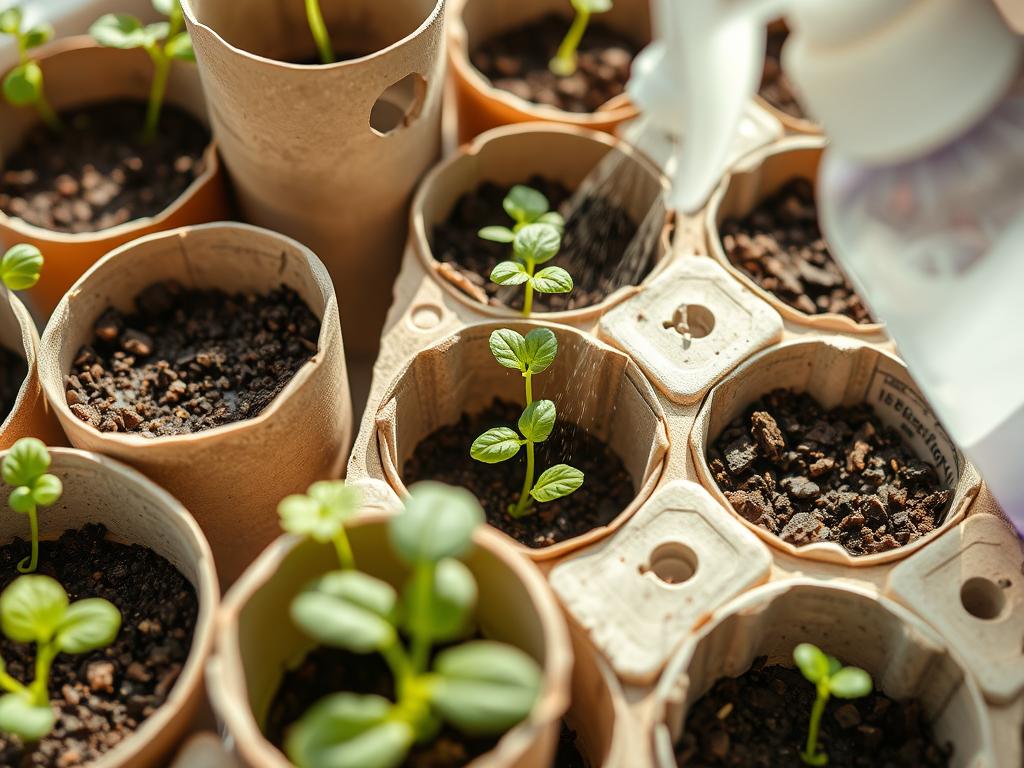 Seedlings in various DIY seed starting containers being watered Seedlings in various DIY seed starting containers being watered
