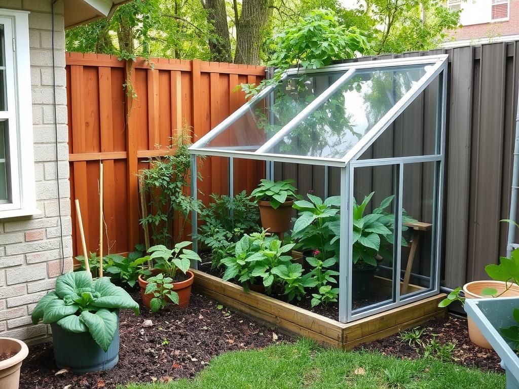Small backyard corner with an L-shaped cold frame built against existing walls Small backyard corner with an L-shaped cold frame built against existing walls