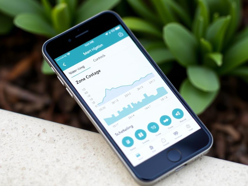 Smart irrigation app interface showing water usage statistics and zone control Smart irrigation app interface showing water usage statistics and zone control