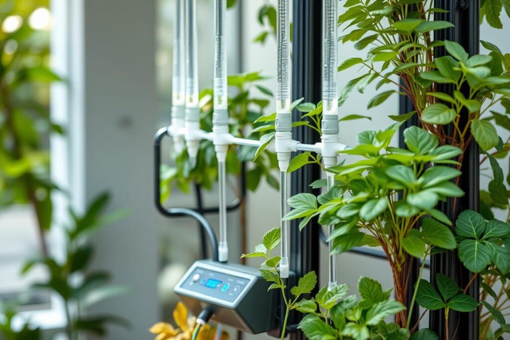 Smart watering system integrated with vertical garden showing drip irrigation Smart watering system integrated with vertical garden showing drip irrigation