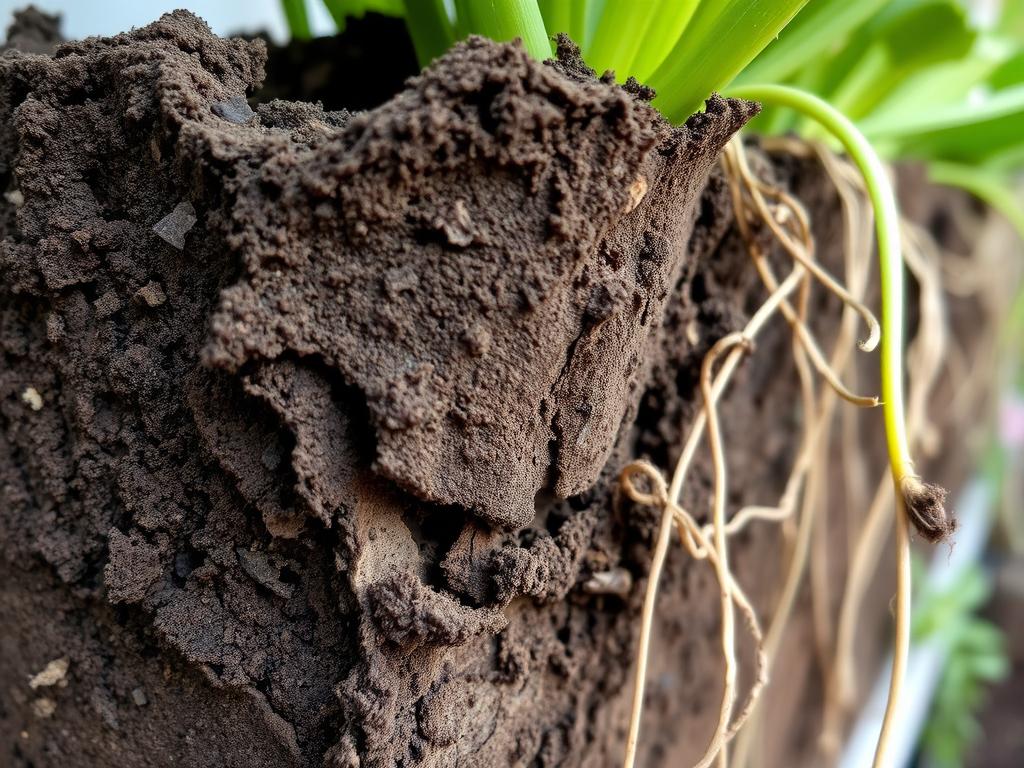 Soil cracking and root exposure in a vertical garden planter showing signs of water stress Soil cracking and root exposure in a vertical garden planter showing signs of water stress