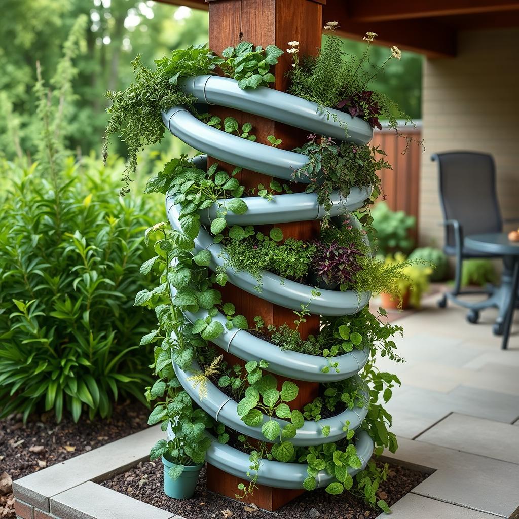 Spiral gutter garden design around a patio post Spiral gutter garden design around a patio post