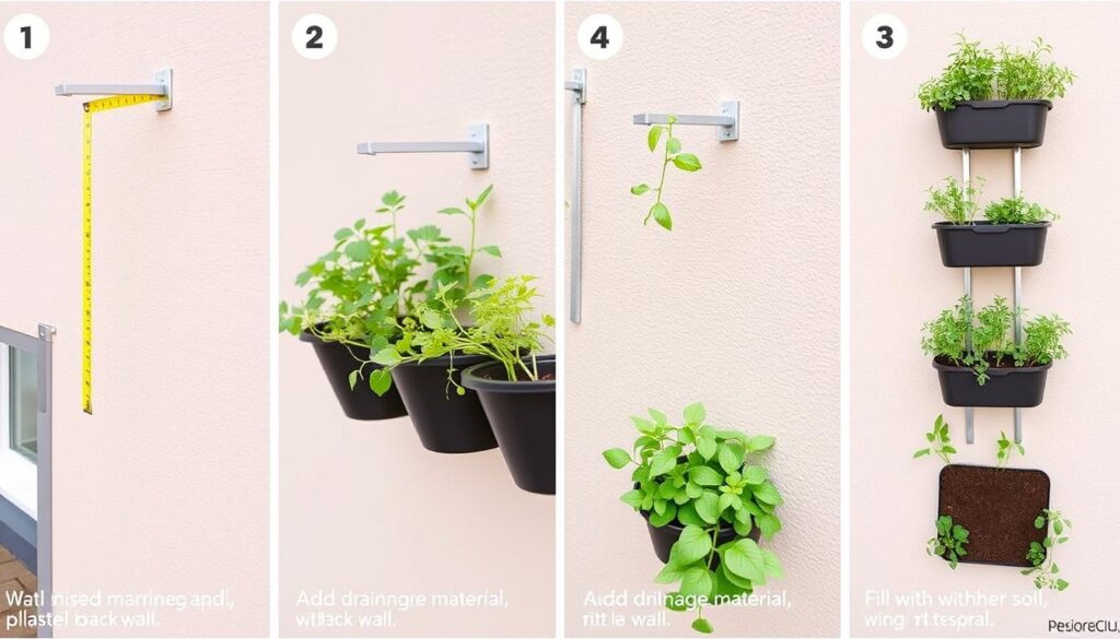 Step-by-step process of mounting vertical planters on a wall and filling with soil Step-by-step process of mounting vertical planters on a wall and filling with soil