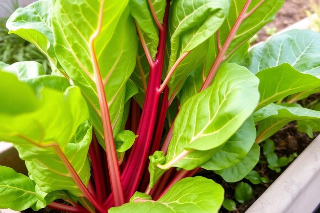 Swiss chard growing in a container garden Swiss chard growing in a container garden