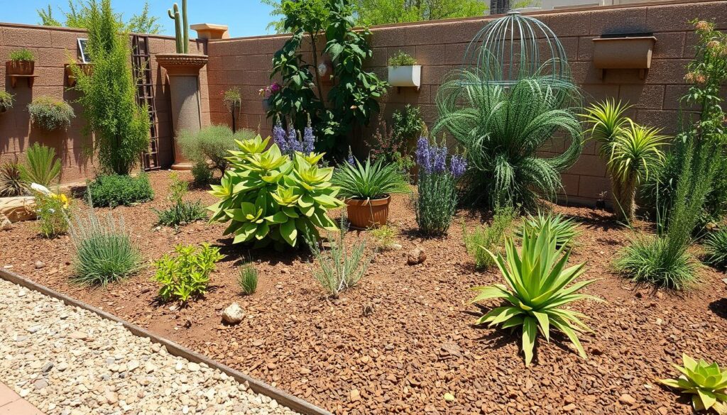 Thriving arid climate garden with effective mulching showing lush growth despite hot conditions Thriving arid climate garden with effective mulching showing lush growth despite hot conditions