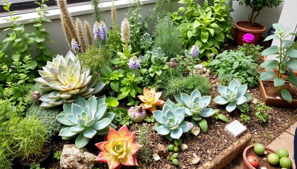 Thriving drought-resistant garden in a small urban space Thriving drought-resistant garden in a small urban space