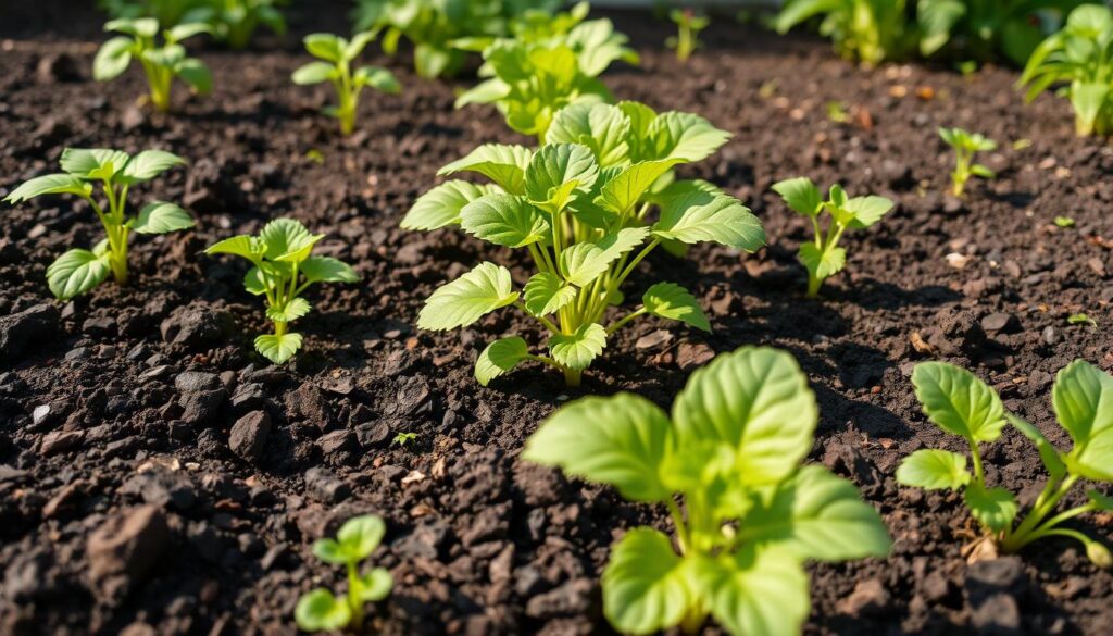 Thriving garden with plants growing in soil amended with compost and biochar for water retention Thriving garden with plants growing in soil amended with compost and biochar for water retention