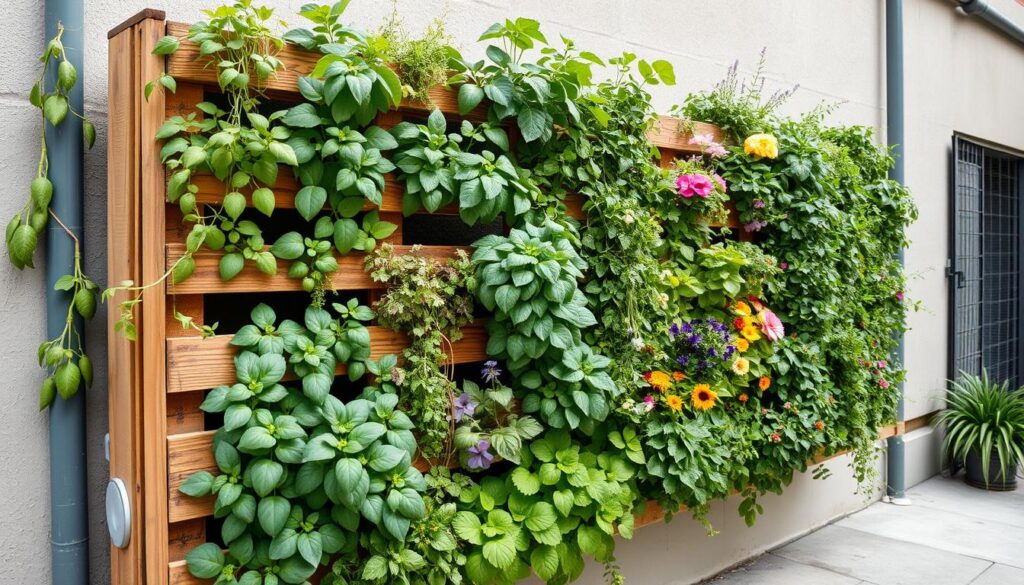 Thriving pallet vertical garden with diverse plants in an urban setting Thriving pallet vertical garden with diverse plants in an urban setting
