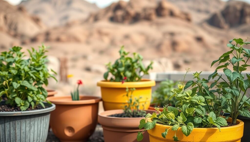 Thriving vegetable garden in self-watering containers designed for drought-prone areas Thriving vegetable garden in self-watering containers designed for drought-prone areas
