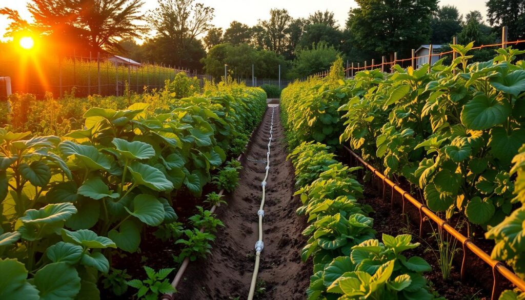 Thriving vegetable garden with DIY drip irrigation system in place Thriving vegetable garden with DIY drip irrigation system in place