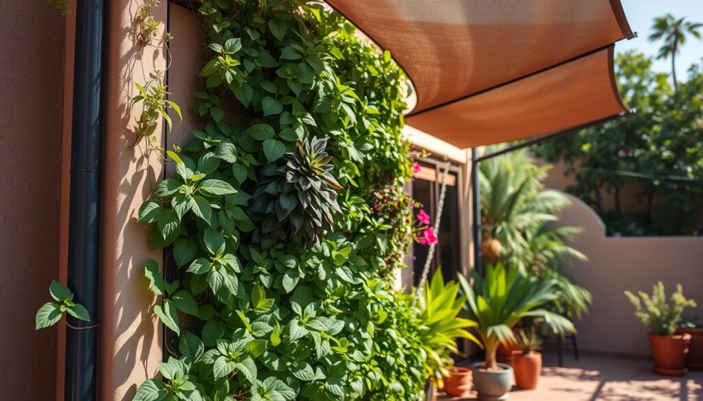 Thriving vertical garden with proper shade cover in a high-heat zone Thriving vertical garden with proper shade cover in a high-heat zone