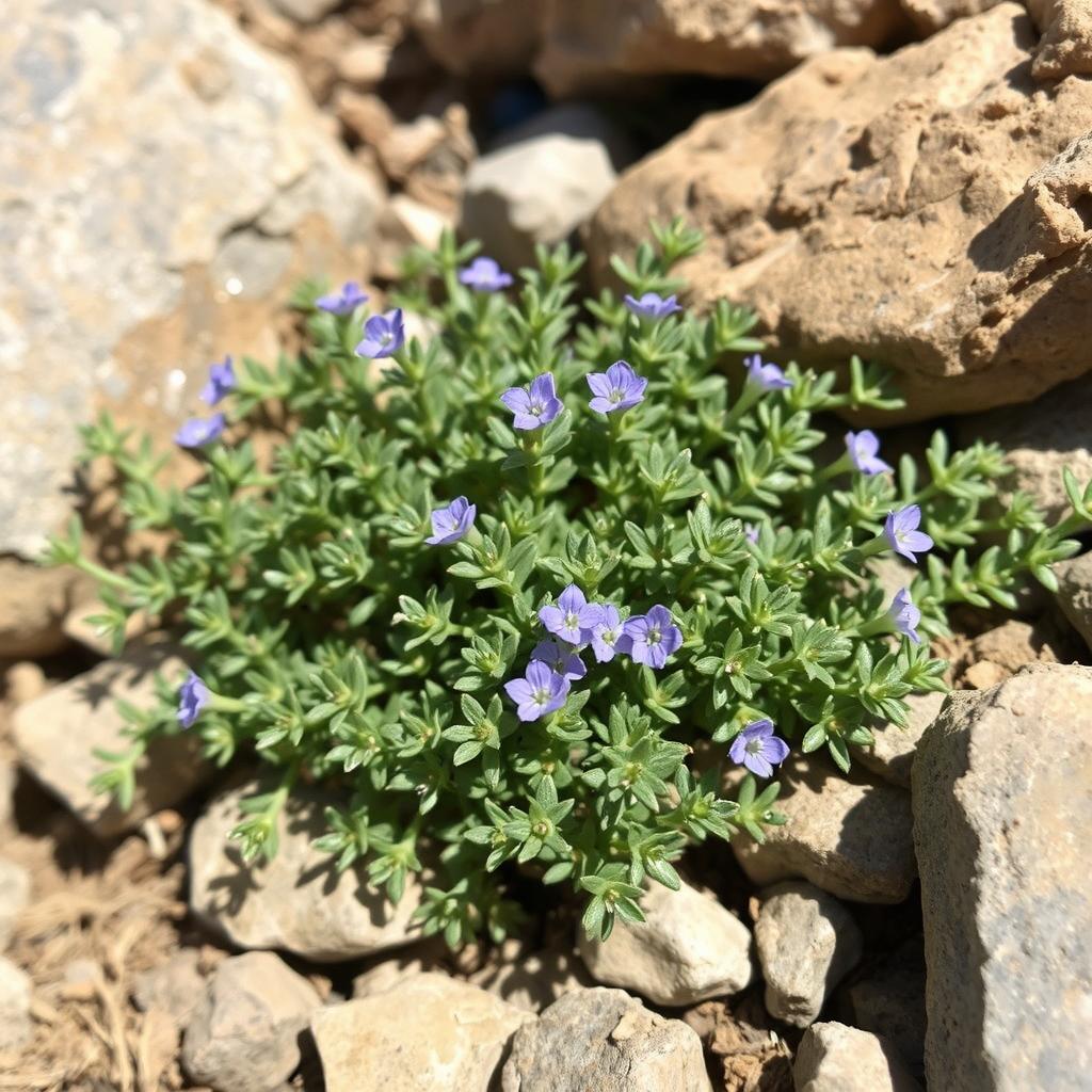 Thyme plant with tiny leaves and small purple flowers growing between rocks Thyme plant with tiny leaves and small purple flowers growing between rocks
