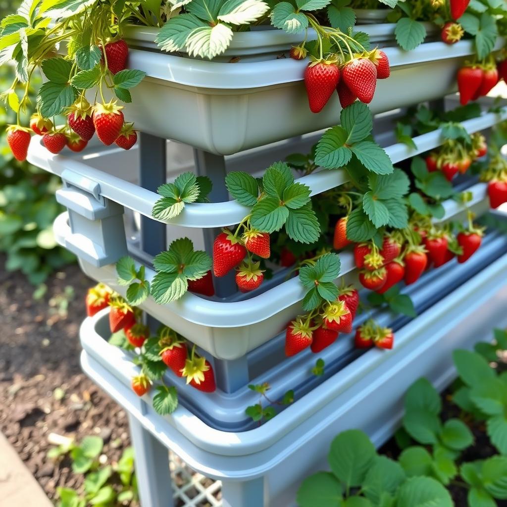 Tiered gutter garden with cascading strawberries Tiered gutter garden with cascading strawberries
