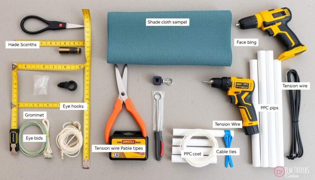 Tools and materials laid out for building a vertical garden shade cover Tools and materials laid out for building a vertical garden shade cover