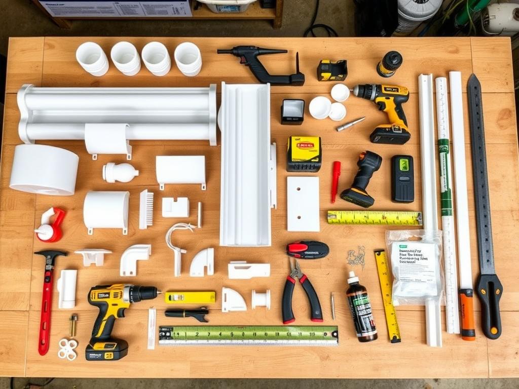 Tools and materials laid out for building a vertical gutter garden Tools and materials laid out for building a vertical gutter garden