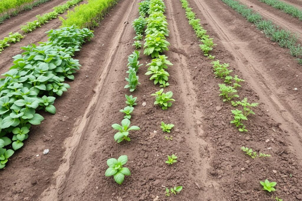 Traditional in-ground garden with rows of vegetables and plants growing in soil Traditional in-ground garden with rows of vegetables and plants growing in soil