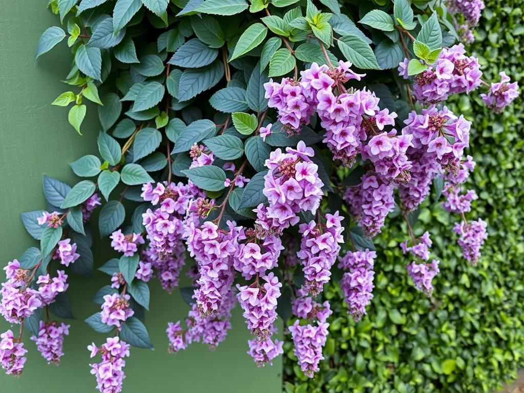 Trailing lantana with multicolored flower clusters spilling from a vertical garden Trailing lantana with multicolored flower clusters spilling from a vertical garden