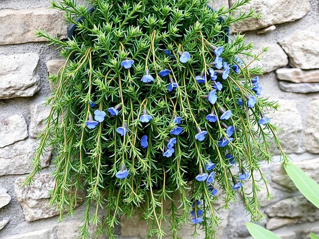 Trailing rosemary with small blue flowers cascading from a vertical garden Trailing rosemary with small blue flowers cascading from a vertical garden