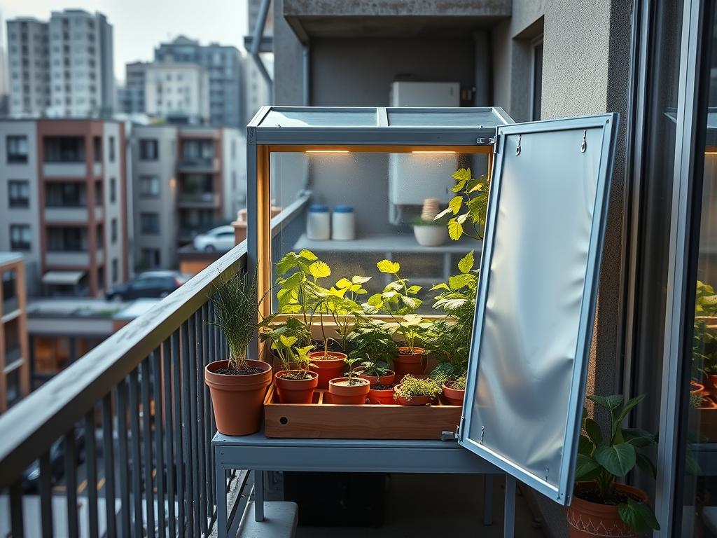 Urban balcony with a compact mini greenhouse producing vegetables in a limited space Urban balcony with a compact mini greenhouse producing vegetables in a limited space