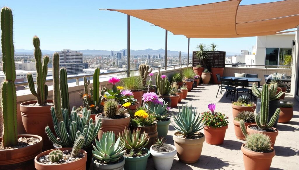 Urban rooftop garden in Arizona featuring native drought-tolerant plants in containers, showcasing innovative sustainability approaches in arid regions Urban rooftop garden in Arizona featuring native drought-tolerant plants in containers, showcasing innovative sustainability approaches in arid regions