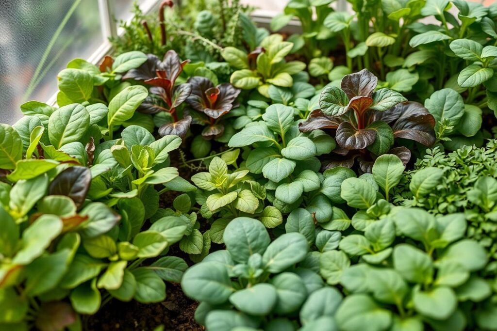 Various compact plants growing in a mini greenhouse cold frame including lettuce, herbs, and dwarf vegetables Various compact plants growing in a mini greenhouse cold frame including lettuce, herbs, and dwarf vegetables