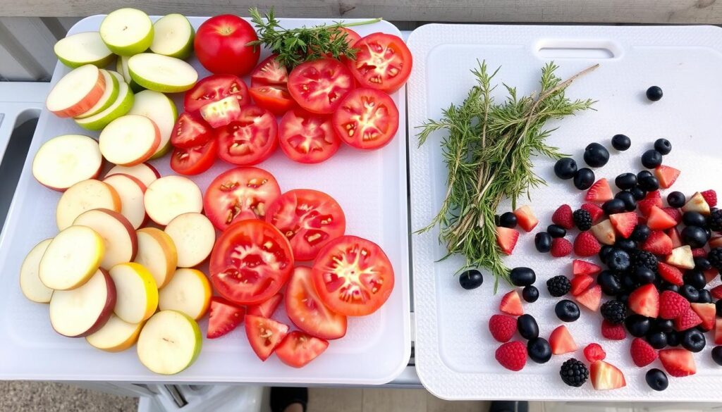 Various fruits and vegetables prepared for drying in an inexpensive solar dehydrator Various fruits and vegetables prepared for drying in an inexpensive solar dehydrator